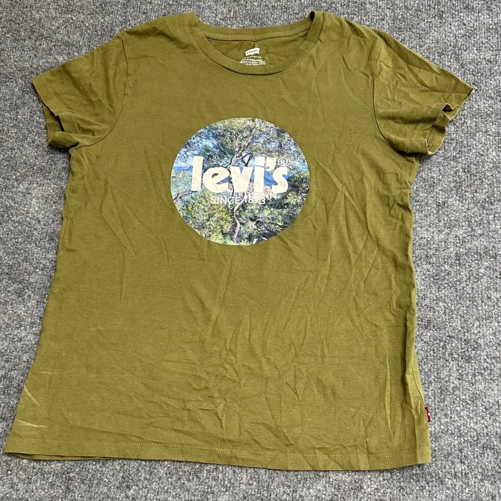 Levi's T-Shirt Womens XS Olive Green Nature Graphic Logo Short Sleeve Crew Neck